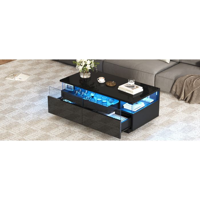 HOMVRA Table basse 90 x 45 x 355 cm noir brillant avec 2 tiroirs plateau amovible LED et verre trempé