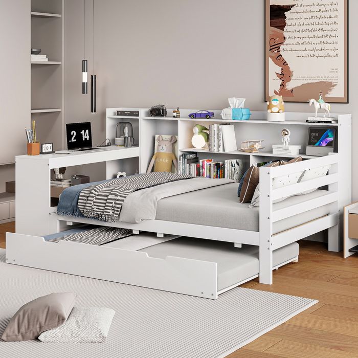 Lit Gigogne Multifonction Bois Massif Blanc 90 x 200 cm Avec Bureau Étagères Rangement Prise USB Sommier À Lattes 1 Place