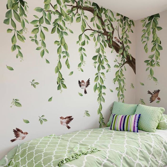 WandSticker4U- [Grand format] Stickers muraux ARBRE aquarelle XXL (134x98 cm) I Autocollant mural vigne suspendue feuilles verte