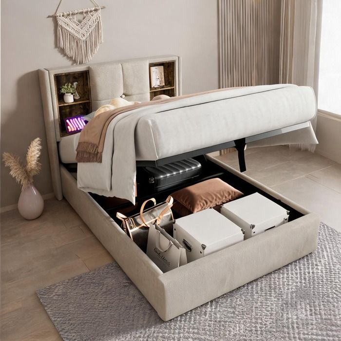 Sommier tapissier une place 90x200 cm en lin organique naturel avec rangement coffre et charge sans fil