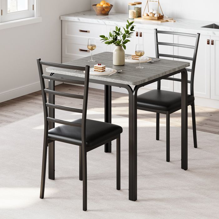 Ensemble Table Carrée et 2 Chaises Rembourrées Gris - Structure métal plateau MDF Table de Cuisine 3 Pcs Compacte & Gain de Place