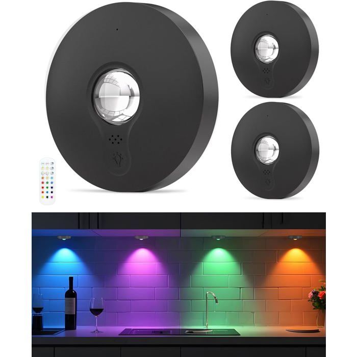 Lampes LED RGB Rechargeables avec Télécommande Lampe de Cuisine Sous Plac avec Batterie 1500mAh Intensité Noir 3 Pa LAMPE A POSER