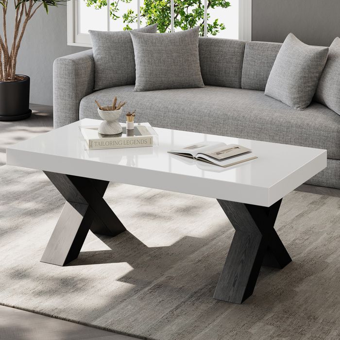 Table basse rectangulaire 100 x 50 x 40 cm en MDF plateau blanc brillant et pieds en X noirs