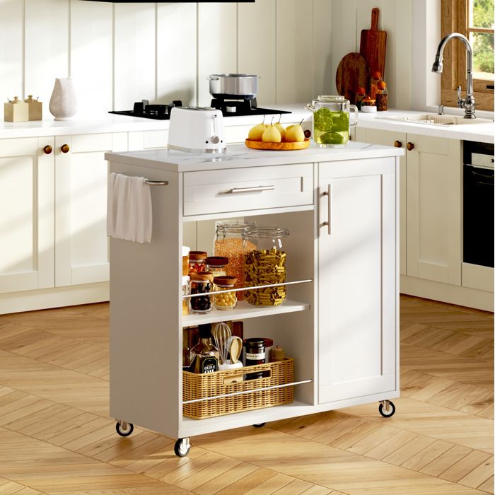MEUBLIV Desserte de cuisine mobile 90 x 62 x 90 cm blanc plateau aspect marbre 1 tiroir 1 placard 2 étagères