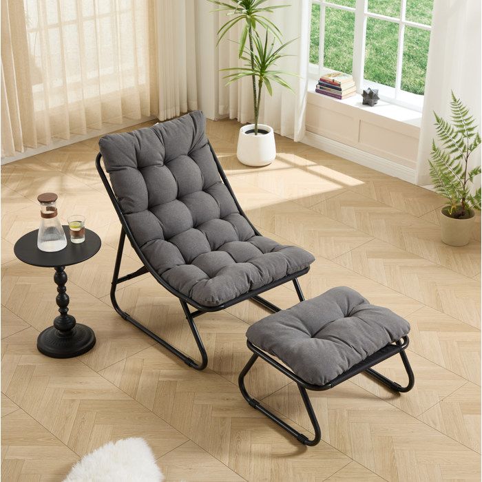 Fauteuil Lounge de Jardin avec Repose-Pieds et Coussin Épais - ELVMI - Intérieur Extérieur en Acier Gris et Noir