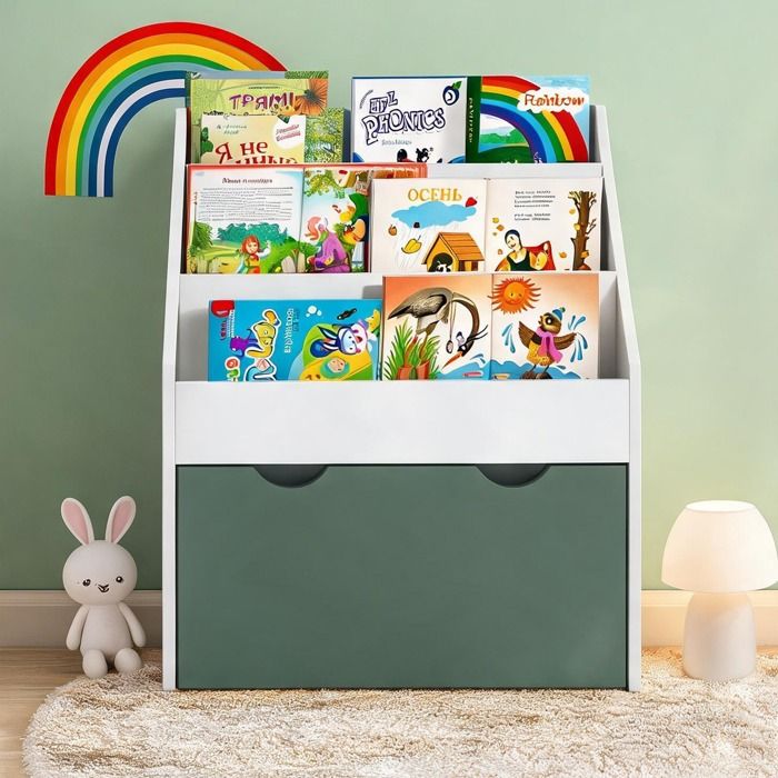 Bibliothèque enfant MDF vert 3 étagères + tiroir à roulettes 62 5 x 30 x 70 cm rangement sécurisé salle de jeux