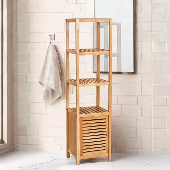 Meuble colonne salle de bain en bambou massif 2 étagères 4 niveaux + placard marron