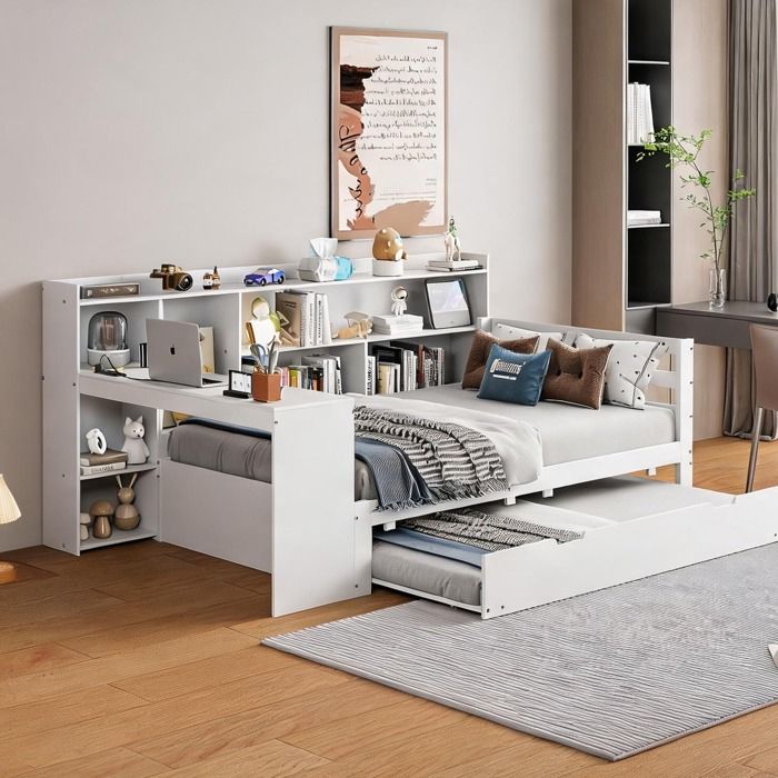 Bureau nuit en bois massif blanc 90x200 cm avec canapé-lit extractible étagères et prises USB intégrées
