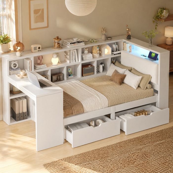 VUENOR Lit combine 90x200 cm blanc avec bureau rangements LED sans matelas