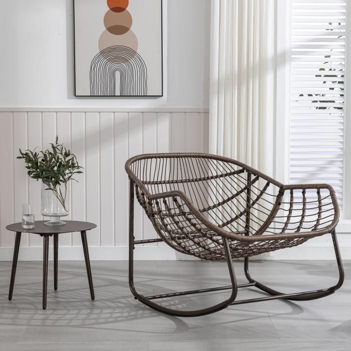 Fauteuil à bascule de jardin AESVAR en rotin synthétique avec coussin 106 x 90 x 78 cm blanc