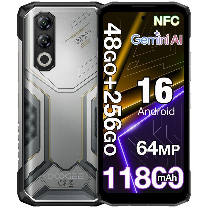 DOOGEE Blade20 Plus Smartphone Robuste 256Go 6.6 120Hz 11800mAh/33W 64MP Téléphone Portable Incassable IP68 Android 16 NFC GPS Gris