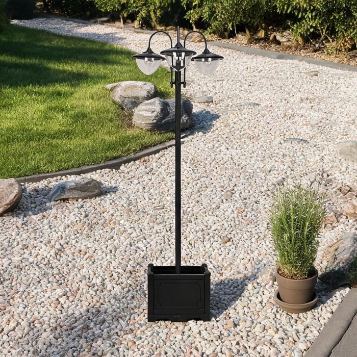 Lampadaire solaire dextérieur 3 lanternes base jardinière métal et résine deep black 60x55x189 cm