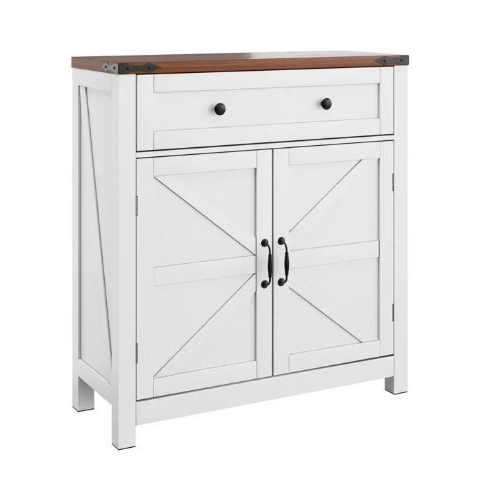 Buffet de cuisine style ferme blanc avec tiroirs portes grange étagères réglables plan de travail noyer meuble café
