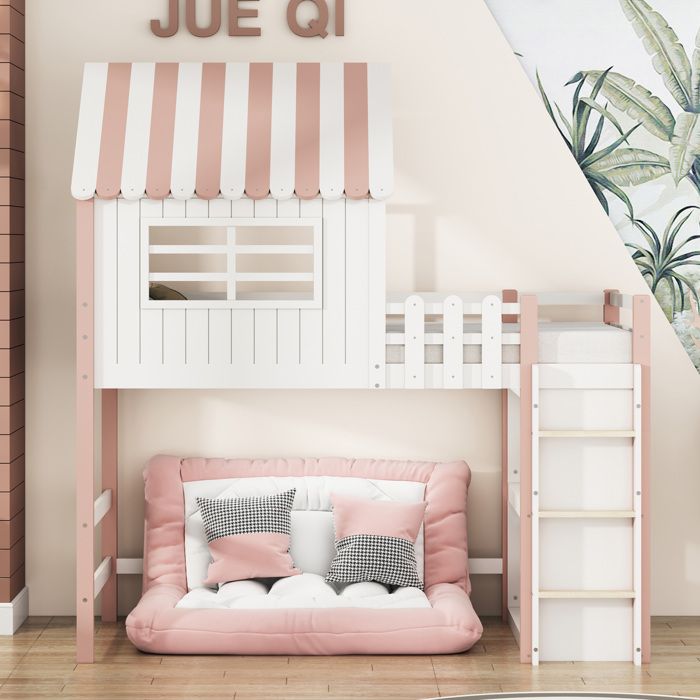 Lit enfant surélevé cabane 90×200 cm avec échelle barrière de sécurité et rangement - MODENVIE - sans matelas bois rose