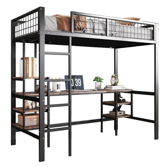 Lit Mezzanine 90x200 cm en Métal - Avec Bureau Étagères et Échelle Barrière de Sécurité Noir
