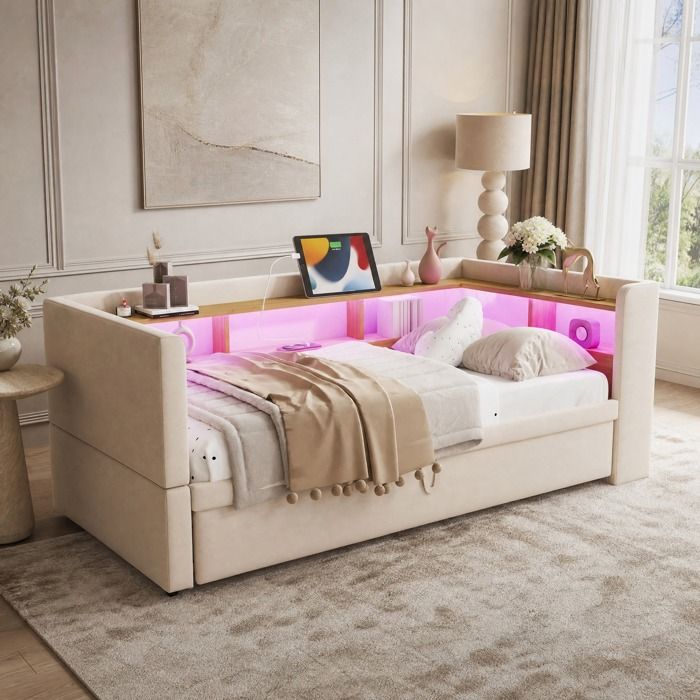 Lit combiné canapé-lit extensible 90/180 x 190 cm avec rangements intégrés LED et prises flanelle beige FOLYNA