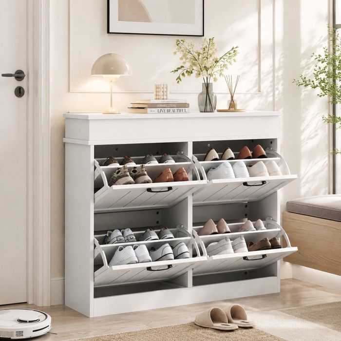 Meuble à Chaussures 4 Abattants - Armoire à Chaussures Design - Meuble de Rangement Entrée 16 Paires - Blanc