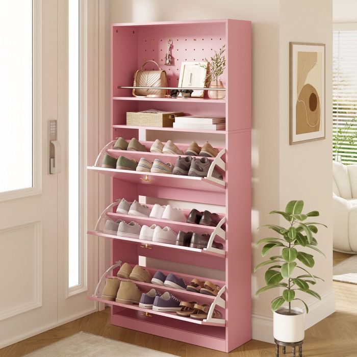 Meuble à chaussures - SOGEU - 80 x 24 x 178 5 cm - 3 compartiments rabattables - 2 espaces ouverts - Poignées dorées