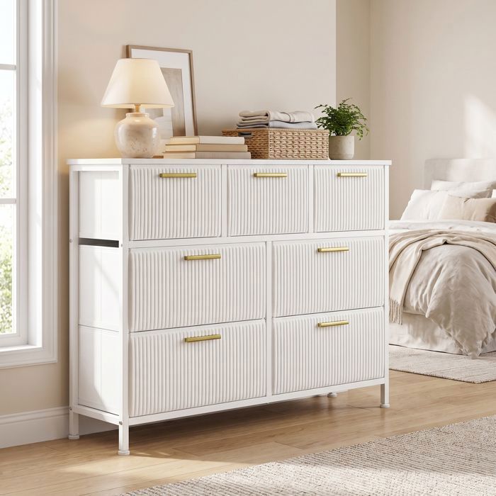 Commode 7 Tiroirs en Velours Côtelé Meuble de Rangement Chambre 98 7 x 30 x 74 7 cm Blanc neige Commode 7 Tiroirs en Velours Côtelé Meuble de Rangement Chambre 98 7 x 30 x 74 7 cm Blanc neige
