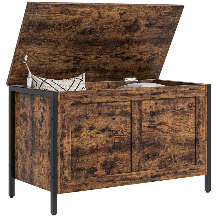 Coffre de rangement en bois - Malle à couvercle - Capacité 95 L - Charnière de sécurité - 80 x 40 x 49 cm - Marron - ZENLINKJH