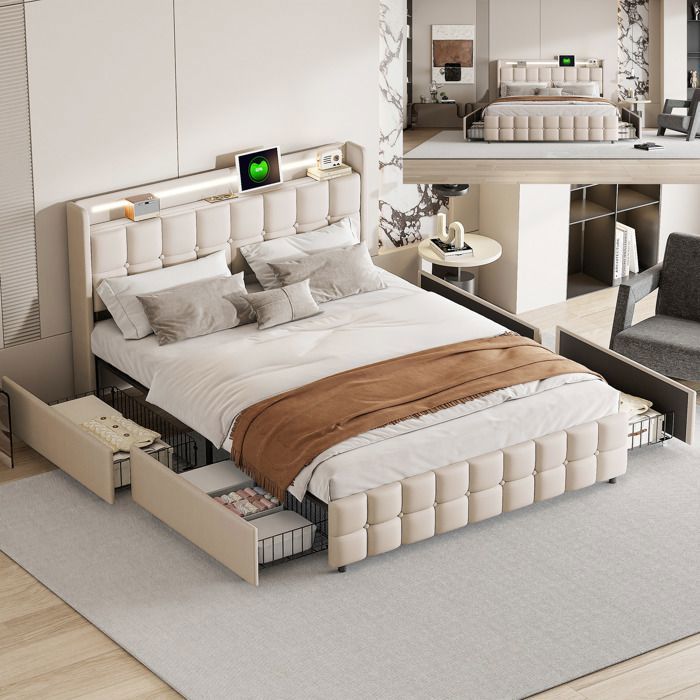 Lit 160x200 cm avec LED et 4 tiroirs lit Queen 160x200 cm avec sommier à lattes et chargement USB lit adulte tissu en lin beige