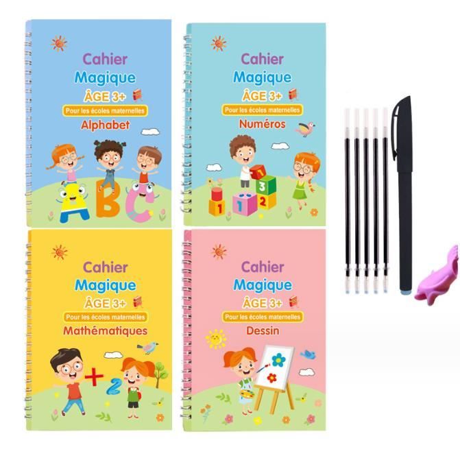 Grand Cahier Écriture Magique Français Réutilisable - Kit Calligraphie Enfant 4 Livres + Stylos - Maternelle CP CE1