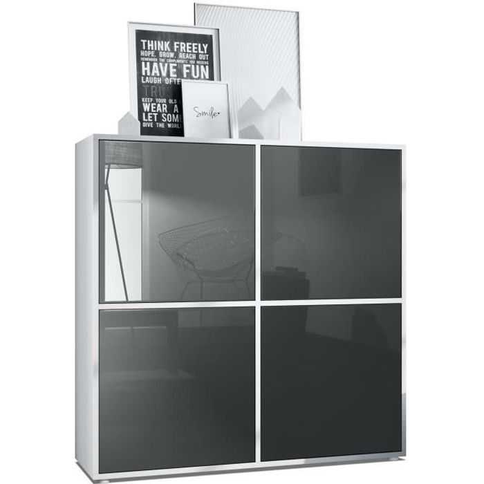Vladon Highboard Cuba V2 104 x 105 5 x 35 5 cm Buffet haut à 8 compartiments en Blanc mat et Gris laqué haute brillance
