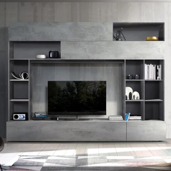 Meuble Tv Mural Design Gris Effet Beton Perdita Gris L 277 X P 40 X H 209 Cm Achat Vente Meuble Tv Meuble Tv Mural Design Gris Cdiscount