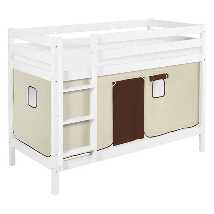 Lit superposé JELLE marron beige - avec rideaux et deux sommiers à lattes - LILOKIDS - blanc laqué