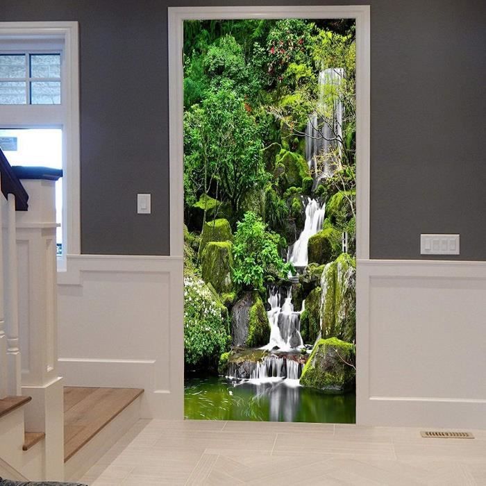 Sticker Mural Porte Paysage Lac Montagne Enneigé - 73x205 Cm, 2 Panneaux - Adhésif PVC, Effet 3D, Facile à Poser - 7