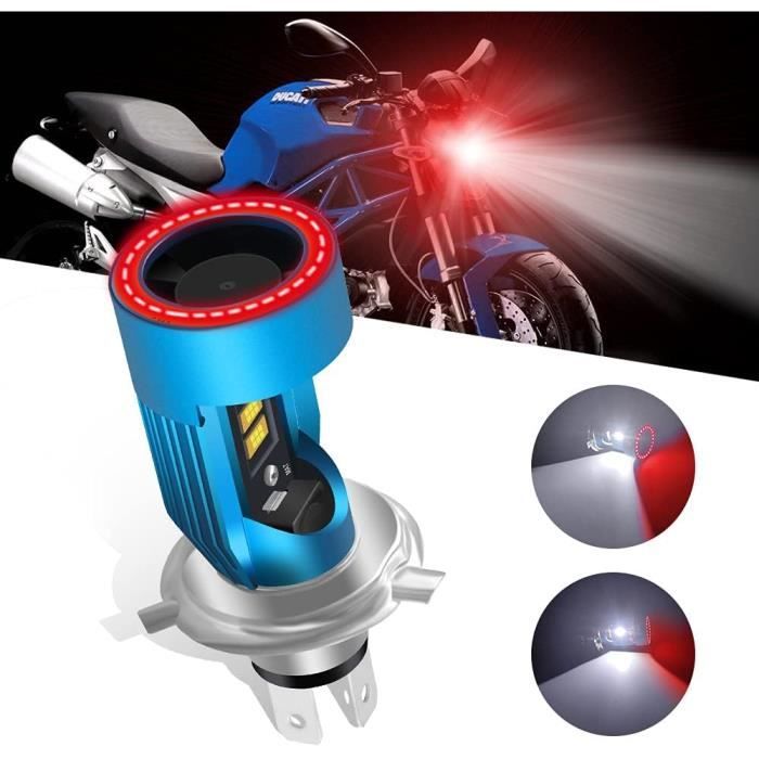 Ampoule Moto H4 LED Chemini - Feu De Route 6000K Avec Œil D'Ange Rouge - 12V Super Brillant