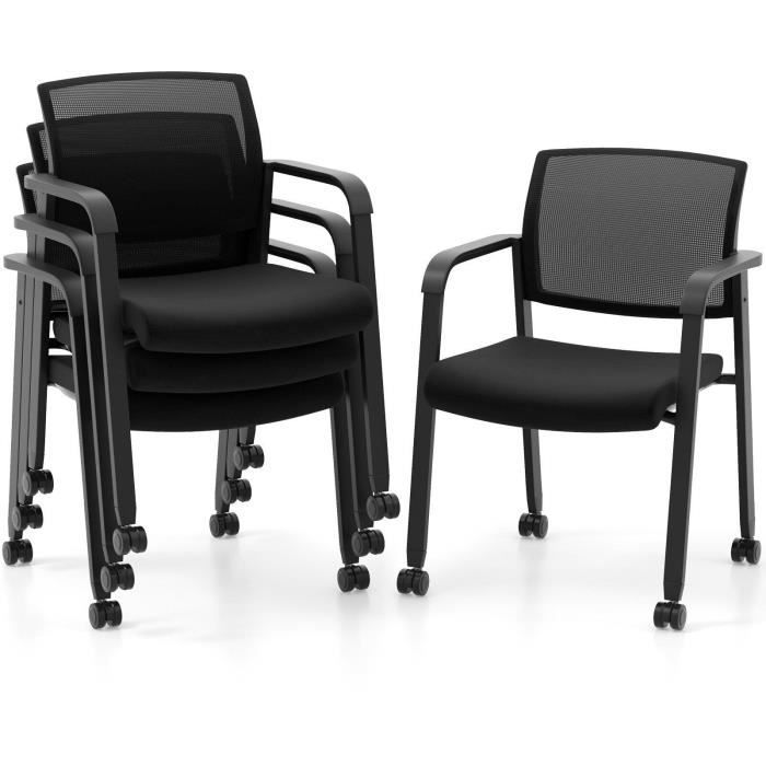 costway lot de 2 chaises de bureau empilables en maille - pour salle de réunion - accoudoirs et 4 roulettes - noir