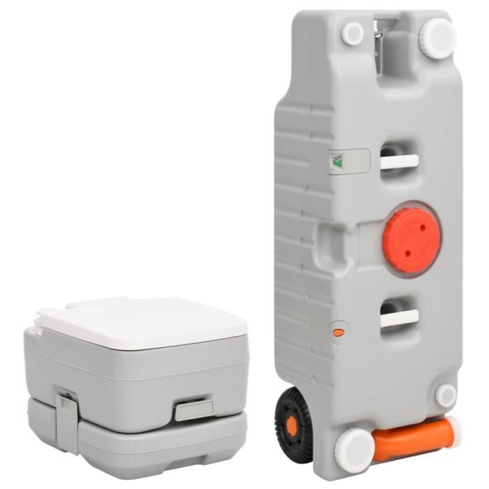 Toilette Portable Camping – Réservoir Eau Propre 10L + Déchets 20L – Pompe Rinçage Manuelle – Charge 200 Kg – Entonnoir Télescopique – Gris