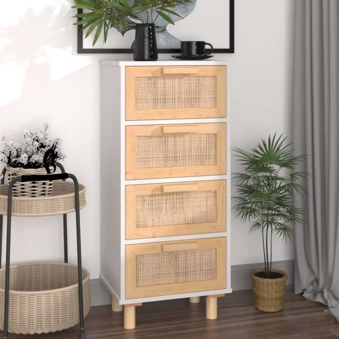 Buffet - GOTOTOP - Modèle Blanc - Bois de pin massif - Rotin naturel - 40x30x90 cm