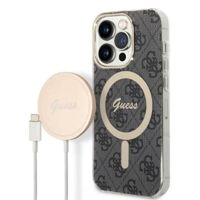 Guess Bundle Pack MagSafe 4G Ensemble coque pour iPhone 14 Pro Max + chargeur MagSafe Or 3666339102845