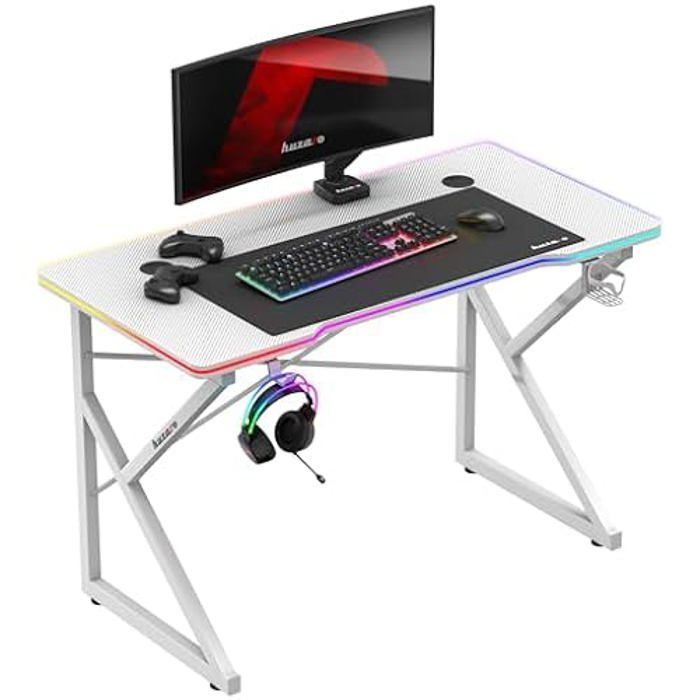 HLFURNIEU Bureau Gaming avec LED, Bureau Gamer 120 x 60 cm, Table Gaming Ergonomique, Bureau d'ordinateur Informatique avec Porte Gobelet et Crochet pour Casque, Noir