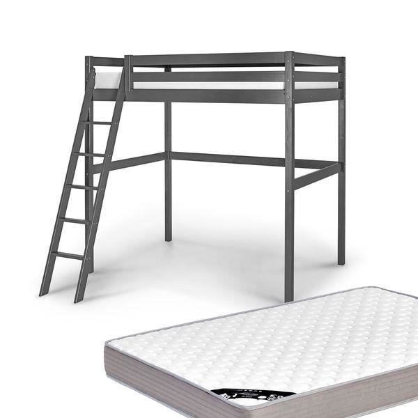 LIT MEZZANINE 2 PERSONNES 140x200 AVEC MATELAS - GRIS ...