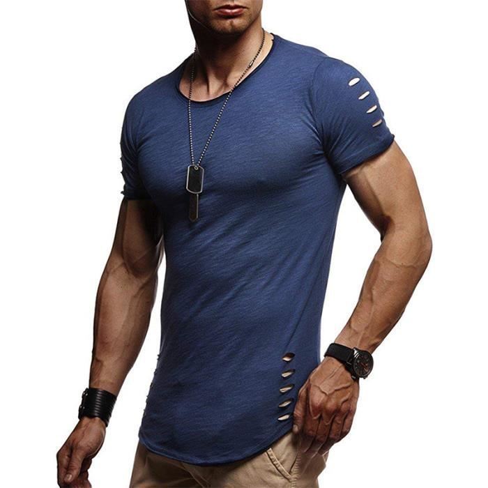 T-shirt Homme Côtelé Stretch Coupe Slim - Col Décontracté, Manches Courtes | Polyester Été