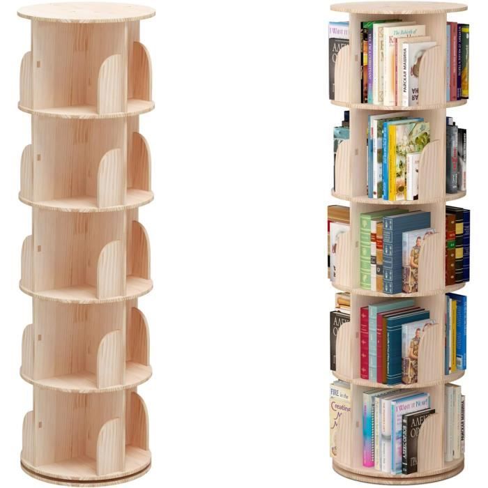 Bibliothèque Rotative En Bois Massif 2 Étagères - Étagère Tournante 360° - Rangement Livres Et Déco