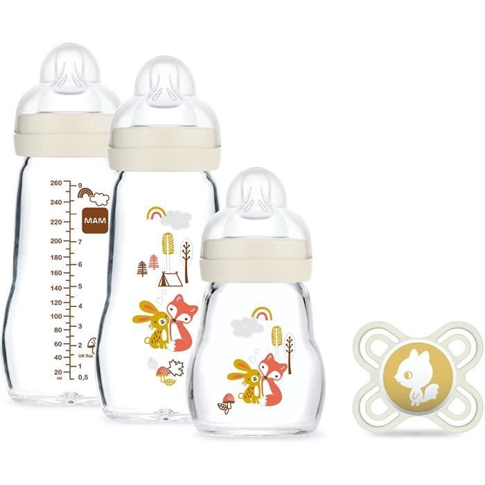 MAM Coffret Biberons Verre (3 Biberons verre + 1 sucette), Biberon MAM Feel Good en verre