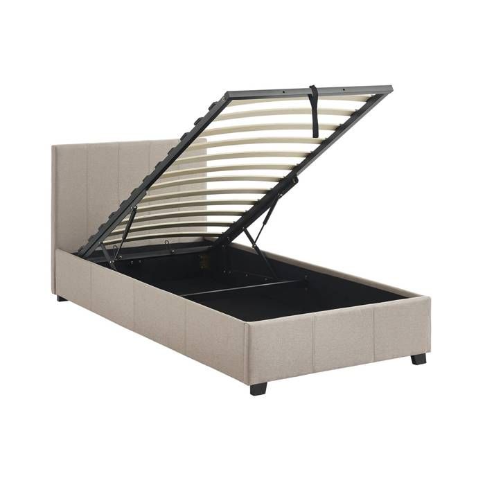 Lit coffre avec sommier à lattes et tête de lit. finition tissu beige. L 202 x P 97.5 x H 86cm