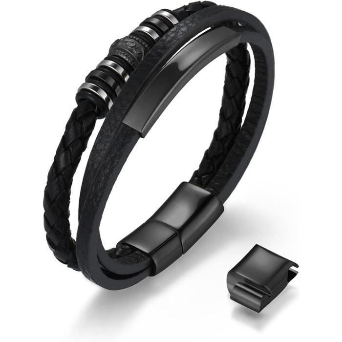 Bracelet Cuir Tressé Homme Feilok Avec Croix Et Perles - Fermeture Magnétique Acier Inoxydable 316L