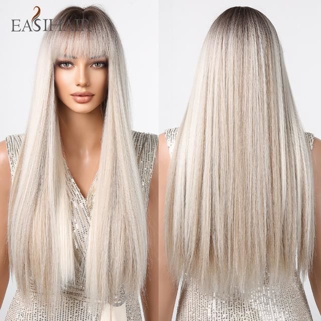 Perruque Synthétique Femme Noire Lisse Longue - Avec Cadeau, Taille Moyenne, Résistante à La Chaleur
