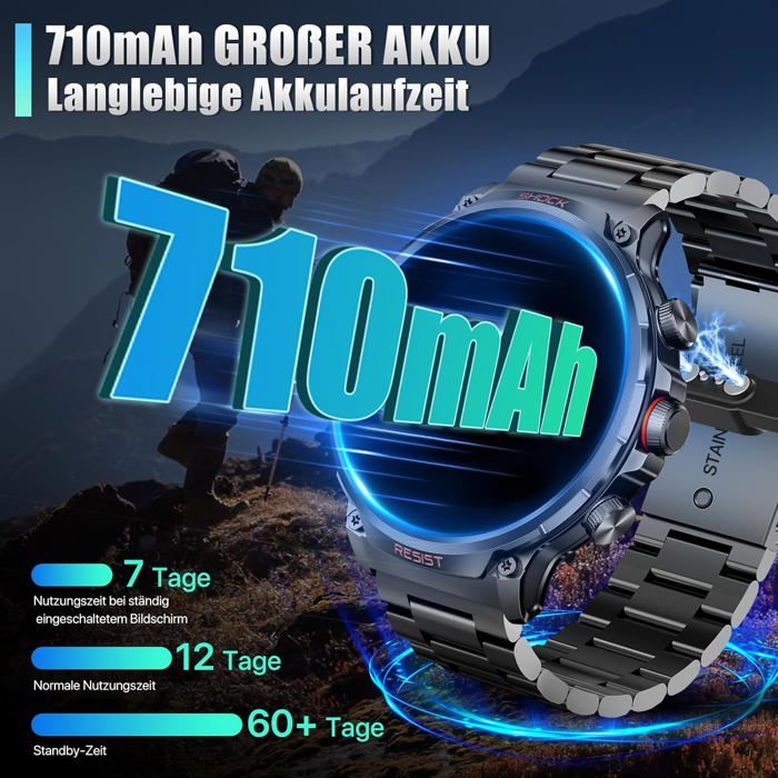 Montre Connectée Appel Bluetooth Homme 1.72'' IP69K Étanche 24 Modes