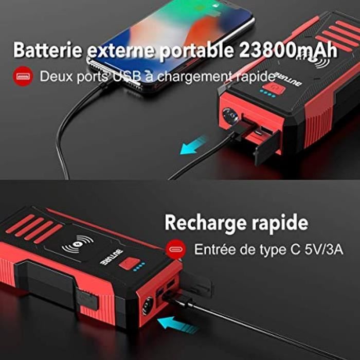 BuTure Booster Batterie, 2500A 23800mAh Démarrage de Voiture (Tout Gaz ou  8,0 L Diesel), Chargeur sans Fil10W et Portable Jump Start - Cdiscount Auto