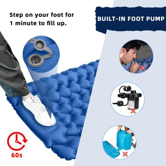 PACOONE Tapis de couchage gonflable ultra-léger avec boussole et oreiller, pompe à pied intégrée, matelas portable pour randonnée et tente de voyage ( bleu