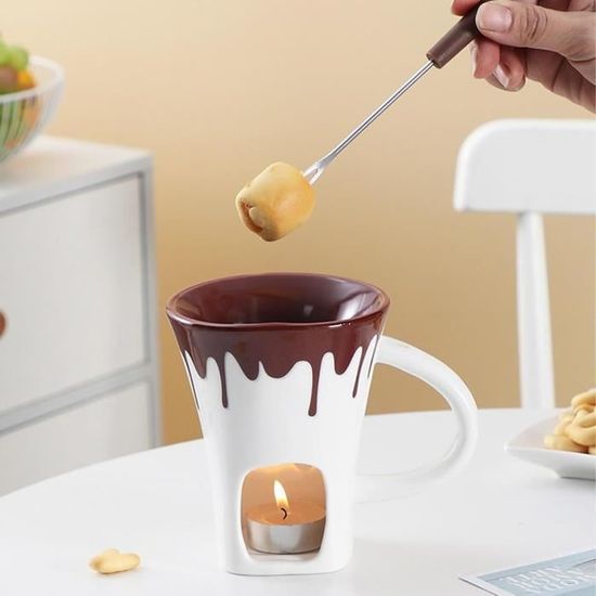 Tasse à fondue au chocolat en céramique résistante à la chaleur avec fourchettes, tasse réutilisable pour fête d'anniversaire, mariage, dessert, friandises à la maison, café Tasse à fondue au chocolat en céramique résistante à la chaleur avec fourchettes, tasse réutilisable pour fête d'anniversaire, mariage, dessert, friandises à la maison, café
