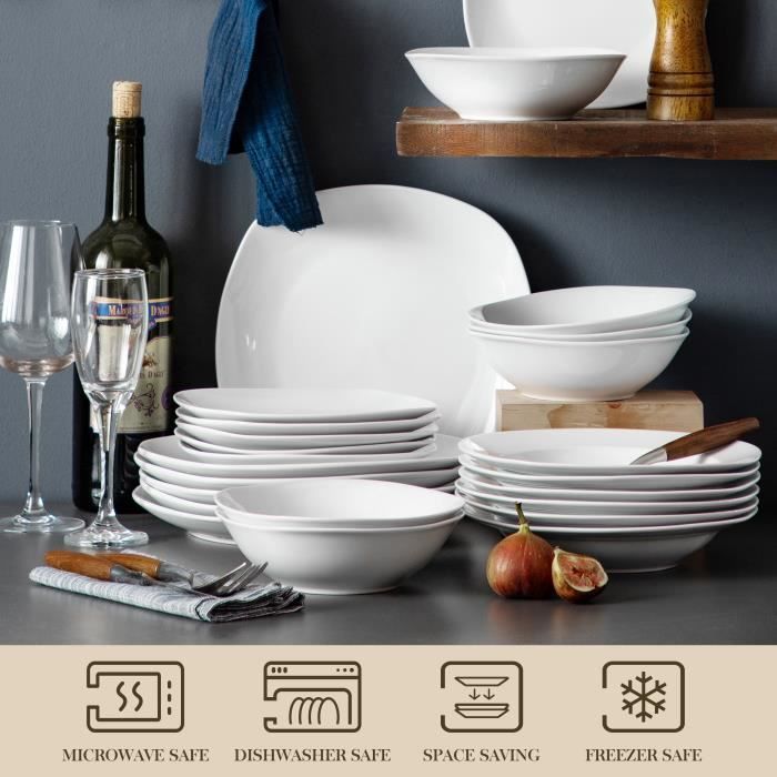 Service De Table MALACASA LEAH 24 Pièces - Porcelaine Blanche Pour 6 Personnes - Lave-vaissable Et Micro-ondable