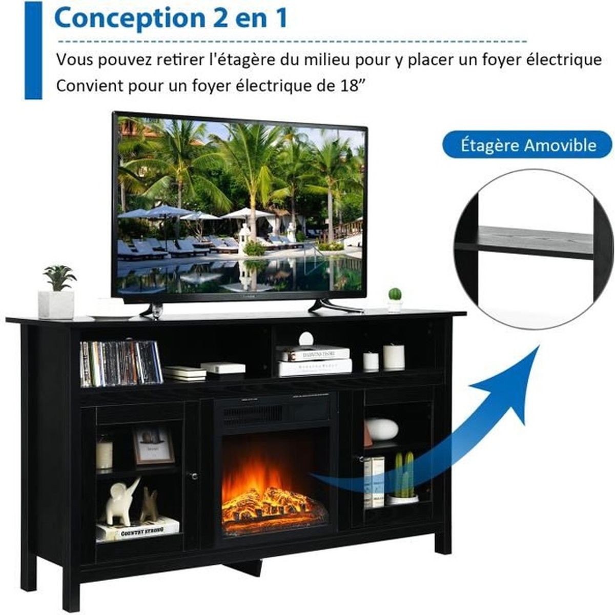COSTWAY 58" Meuble TV avec 2 Armoires Laterales et Étageres Ouvertes