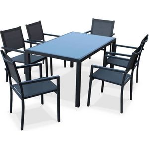 Ensemble table et chaise de jardin Salon de jardin en aluminium et textilène - Capua - Anthracite. gris - 6 places - 1 grande table rectangulaire. 6 fauteuils